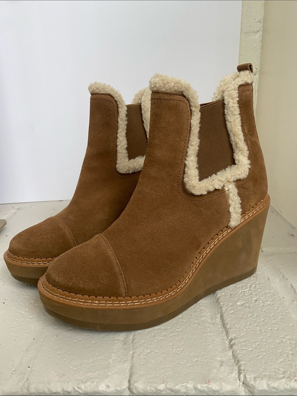 Women's Brown Suede Wedge Booties with Cream Shearling Trim Sam Edelman